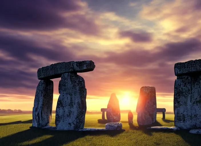 Image similar to sunrise at stonehenge, beautiful dynamic lighting, cinematic, wide angle establishing shot, extremely high detail, photo realistic, cinematic lighting, post processed, concept art, volumetric lighting, official fanart behance, hd, artstation, unreal engine 8k