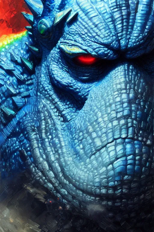 Prompt: blue godzilla, wearing a rainbow colored propeller cap hat, extreme close up detailed face portrait dnd, painting by gaston bussiere, craig mullins, greg rutkowski, yoji shinkawa