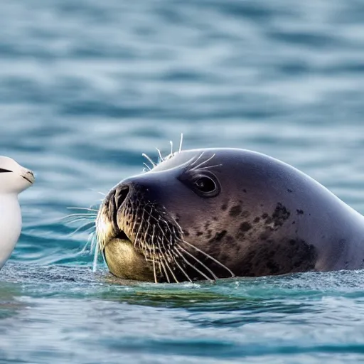 Image similar to a seal swimming at the surface of water with a seagull standing on its back