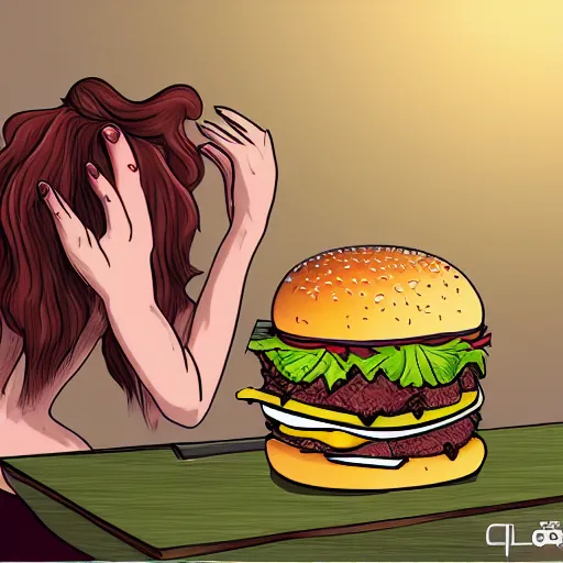 Image similar to a burger monster eating a human, dark, digital art