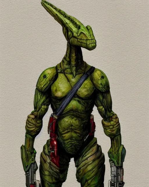 Image similar to a watercolor painting full body character portrait of a humanoid dinosaur soldier in the style of moebius in the style of leonard boyarsky trending on artstation deviantart pinterest detailed photorealistic highlights and shadow hd 8 k post - processing high resolution