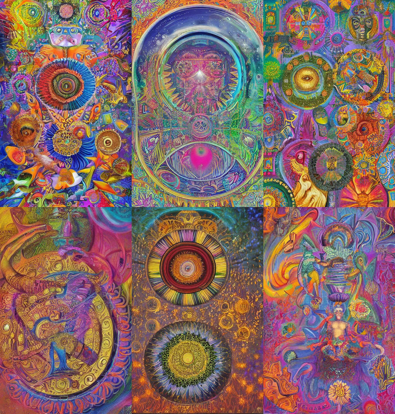 Prompt: ( subject = surreal juxtaposition dmt art spun into a mandala + subject = classical realism, pastels, animal shapes, 3 d architecture, faces