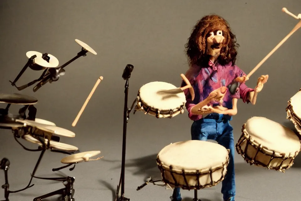 Image similar to a claymation film still of a curly long hair drummer playing the drum set. claymation by bruce bickford