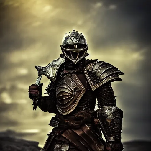 Prompt: portrait of a guy with battle armor,Grim fantasy, D&D, HDR, natural light, medium close shot, dynamic pose, award winning photograph, Mucha style