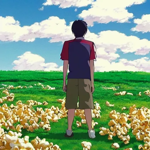 Image similar to man stands on a meadow made of popcorn, landscape, studio ghibli, anime