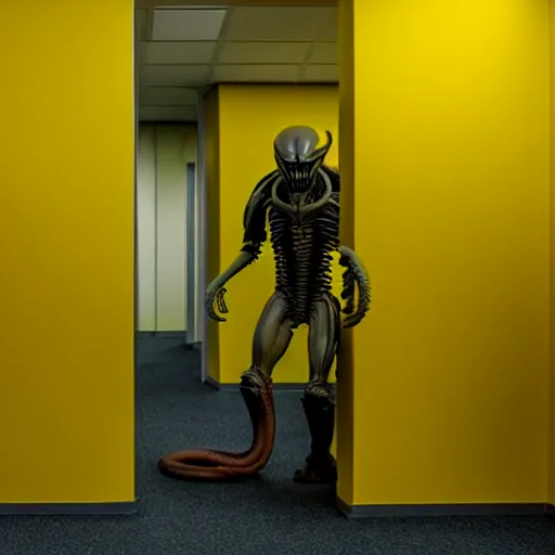 Image similar to xenomorph in endless empty office building with yellow walls, brown carpet, defective fluorescent lighting