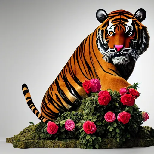 Image similar to a statue of a tiger [ made of [ roses ]!! ], [ 4 k photorealism ]!!, shot by jimmy nelson, irving penn, peter kemp, hans bellmer, and slim aarons