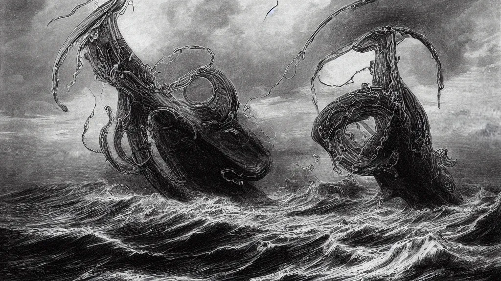 Image similar to drawing of one giant squid attacking a submarine beneath a stormy ocean, by gustave dore, nineteenth century, black and white, vintage, science fiction, epic composition, dramatic lighting, highly detailed, cinematic