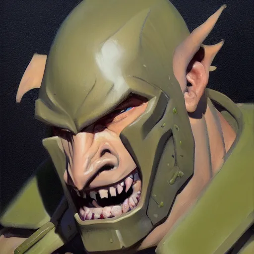Image similar to greg manchess close - up portrait painting of a ruggedly handsome dieselpunk orc general with olive green skin as an overwatch character, medium shot, asymmetrical, profile picture, organic painting, sunny day, matte painting, bold shapes, hard edges, street art, trending on artstation, by huang guangjian and gil elvgren and sachin teng