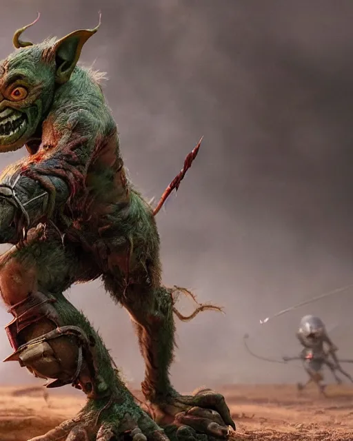 Image similar to highly detailed portrait of a movie goblin, attacking a human warrior. depth of field, breathtaking, detailed and intricate environment, 8 k resolution, hyperrealistic, octane render