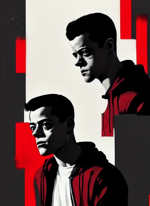 Prompt: highly detailed moody portrait of rami malek, elliot anderson, black hoody by atey ghailan, by greg rutkowski, by greg tocchini, by james gilleard, by joe fenton, by kaethe butcher, gradient red, black and white color scheme, grunge aesthetic!!! ( ( graffiti tag wall background ) )