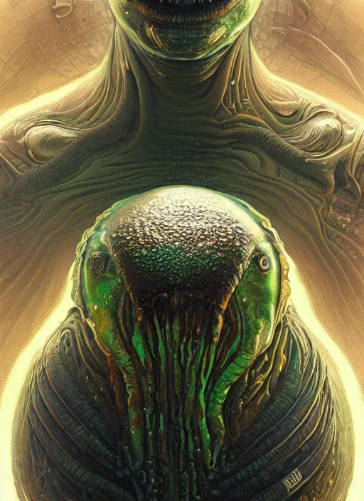 Image similar to elon musk as mollusk, slime, drool, portrait, intricate, elegant, highly detailed, digital painting, artstation, concept art, wallpaper, smooth, sharp focus, illustration, art by h. r. giger and artgerm and greg rutkowski and alphonse mucha