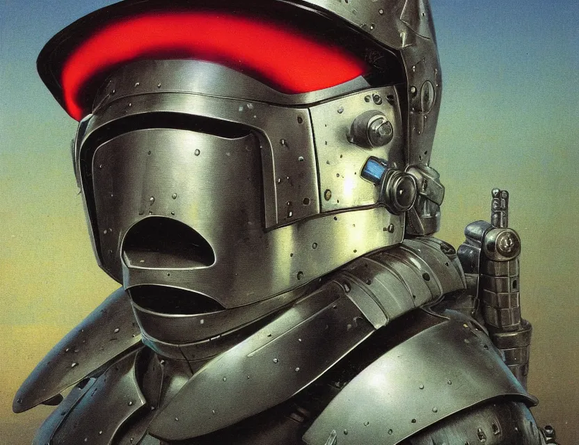 Image similar to a detailed portrait painting of a bounty hunter wearing combat armour and a reflective visor. Movie poster, cinematic sci-fi poster. Flight suit, cloth and metal, accurate anatomy. Samurai influence, knight influence. fencing armour. portrait symmetrical and science fiction theme with lightning, aurora lighting. clouds and stars. Futurism by moebius beksinski carl spitzweg moebius and tuomas korpi. baroque elements. baroque element. intricate artwork by caravaggio. Oil painting. Trending on artstation. 8k
