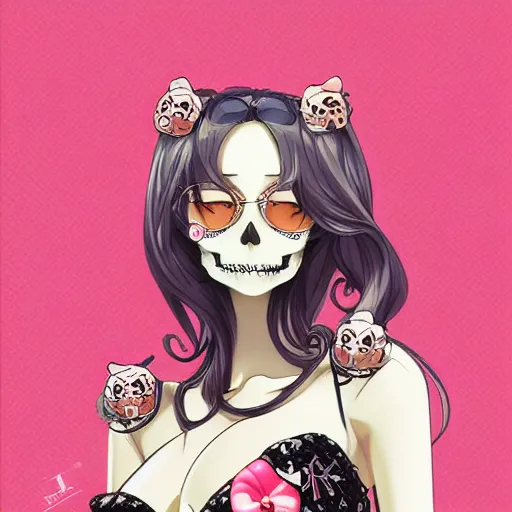 Prompt: anime manga skull portrait young woman skeleton, bikini, hello kitty, Disney , highly detailed, digital art, art by JC Leyendecker and sachin teng