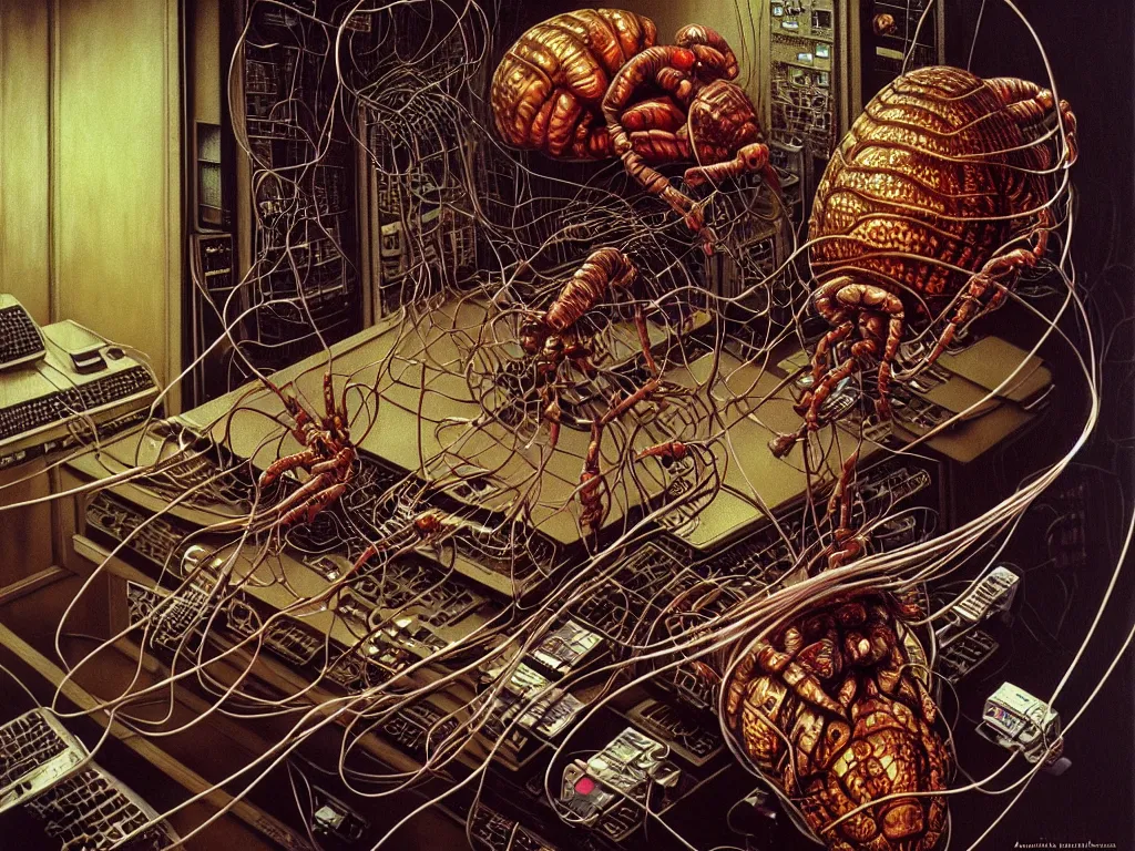 Prompt: realistic detailed image of a cockroaches eating ahuman brain connected with wires and cords to a computer from 90s in an old dirty soviet apartment by Ayami Kojima, Amano, Karol Bak, Greg Hildebrandt, and Mark Brooks, Neo-Gothic, gothic, rich deep colors. Beksinski painting, part by Adrian Ghenie and Gerhard Richter. art by Takato Yamamoto. masterpiece. realistic detailed image