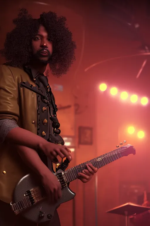 Image similar to a steampunk black man with long curly hair, playing electric guitar at a night club, focus on the musicians, cinematic lighting, exaggerated detailed, unreal engine, octane render, trending on artstation, art by greg rutkowski, 4 k