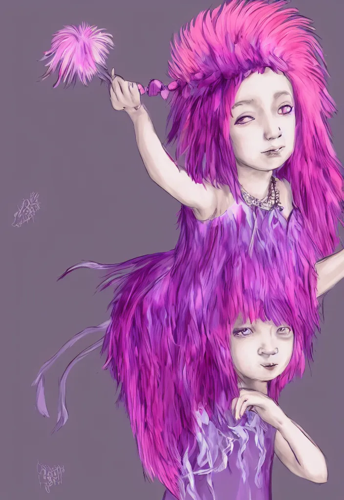 Image similar to little girl with eccentric pink hair wearing a dress made of purple feather, art by dcwj