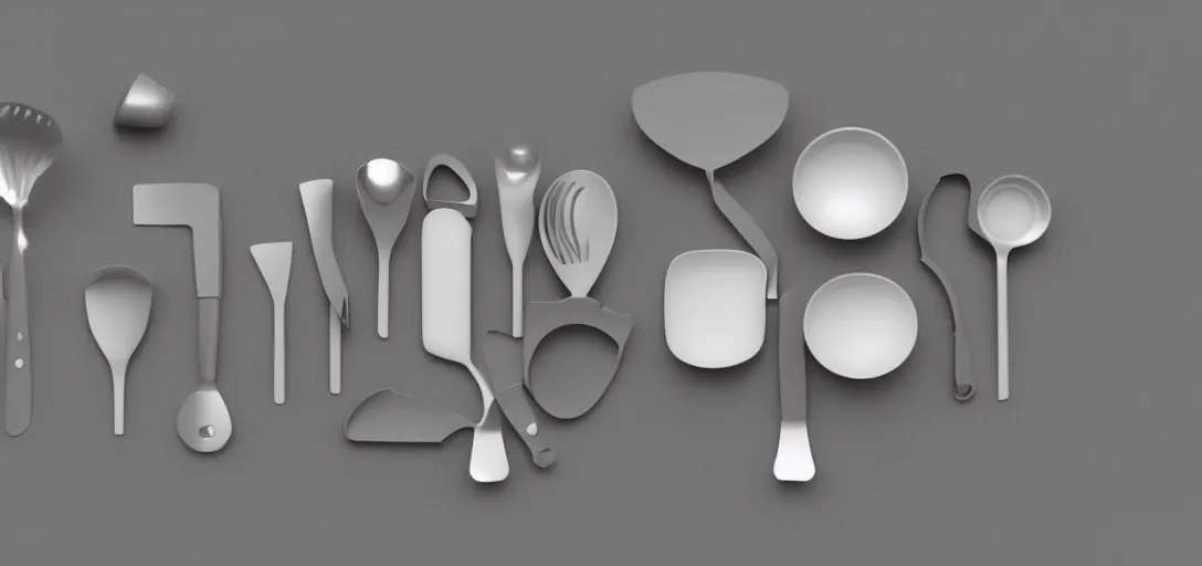 Image similar to Isometric 3d octane render of Kitchen utensils