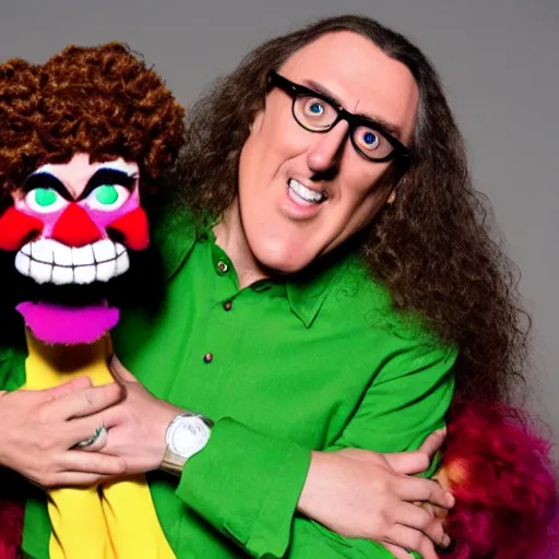 Prompt: weird al with a ventriloquist puppet of barney the dinosaur