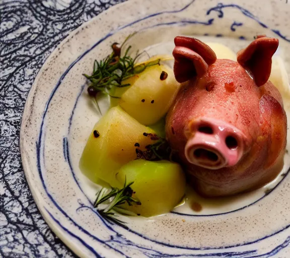 Prompt: roast pig dish with apple in the mouth. highly detailed 8 k. intricate. nikon. award winning photography.