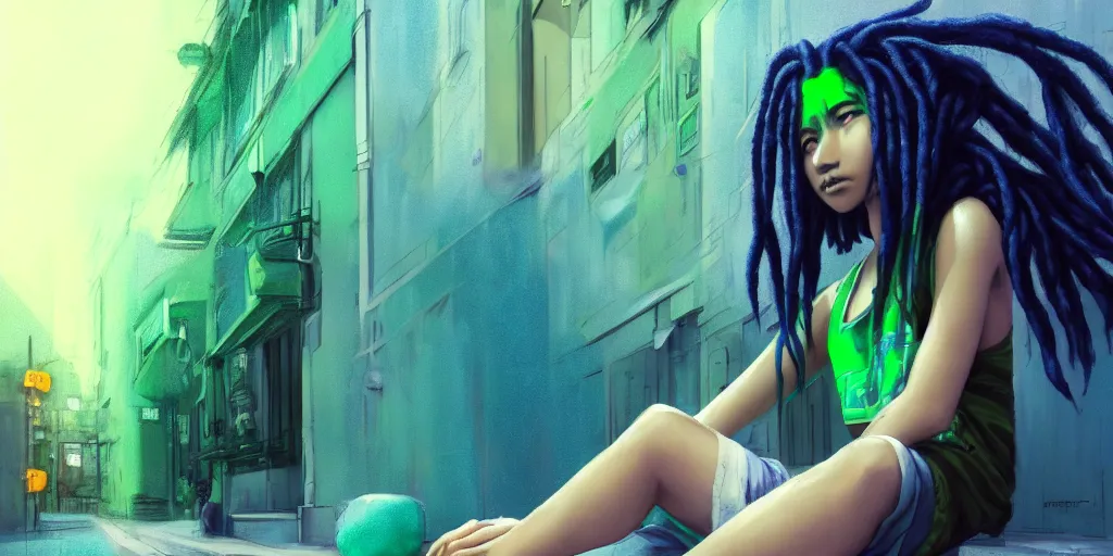 Prompt: concept art, pretty girl sitting on street, dreadlocks blue and green, singular, junichi higashi, isamu imakake, intricate, balance, ultra detailed, full far frontal portrait, volumetric lighting, cinematic lighting + masterpiece,