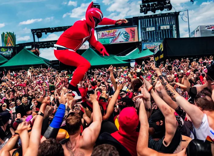 Image similar to photo still of putties from power rangers at the vans warped tour!!!!!!!! at age 3 6 years old 3 6 years of age!!!!!!!! stage diving into the crowd, 8 k, 8 5 mm f 1. 8, studio lighting, rim light, right side key light