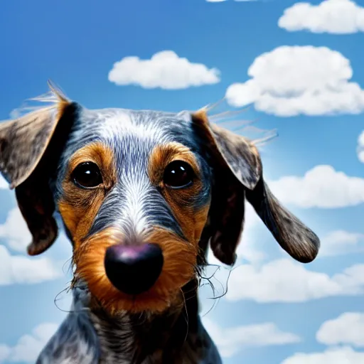 Prompt: stock photo of an elderly, light gray wire-haired dachshund floating in heaven, blue sky, white clouds