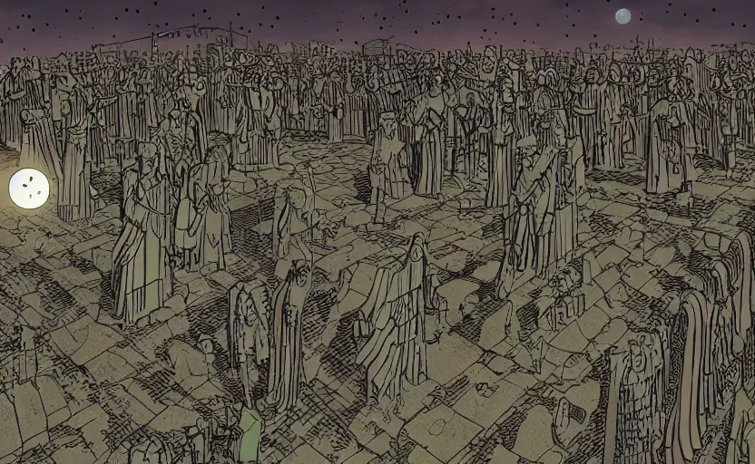 Image similar to weeping angels battle an army of robots in graveyard at night, by moebius, moonlight, panoramic view, digital coloring