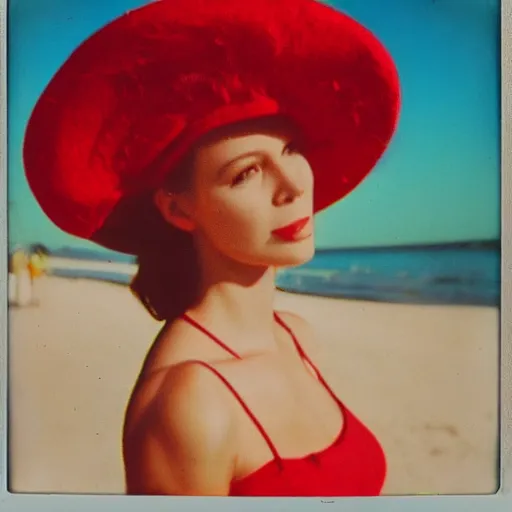 Image similar to vintage polaroid of an attractive woman with a large hat at the beach, warm azure tones, red color bleed, film grain