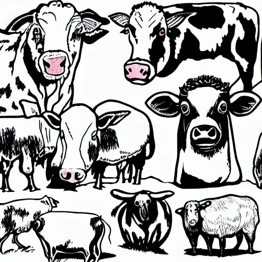 Prompt: antichrist, cow, pig, sheep, chicken, white on black vector ink drawing