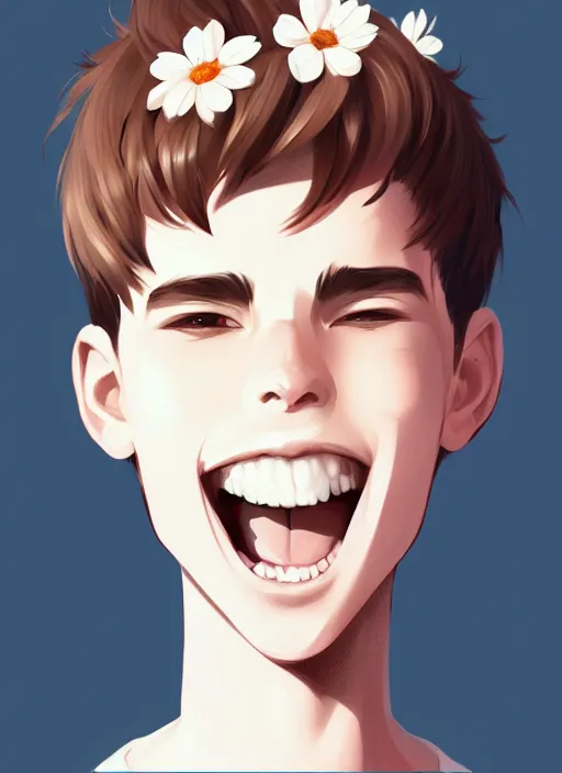 Image similar to a white young man with a big smile, prominent big eyes, round portruding chin, plump lips, brown flowers, standout colours, sharp, simple lines, digital painting, artstation, matte, sharp focus, illustration, realistic anime artstyle