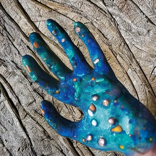 Image similar to “hand sculpture made from colorful gemstone, 35 mm product photo”