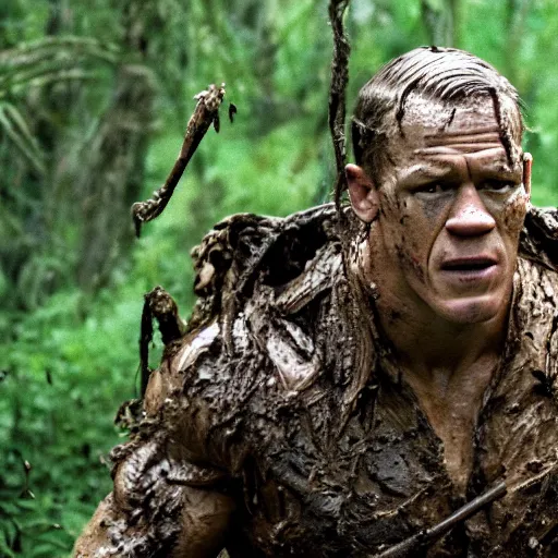 Image similar to film still of john cena as major dutch, covered in mud and hiding from the predator predator predator in swamp scene in 1 9 8 7 movie predator, hd, 4 k