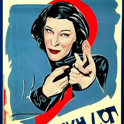 Image similar to soviet propaganda poster with cate blanchett calling on the world community to fight against Nazism, Ultra Detailed, soviet realism