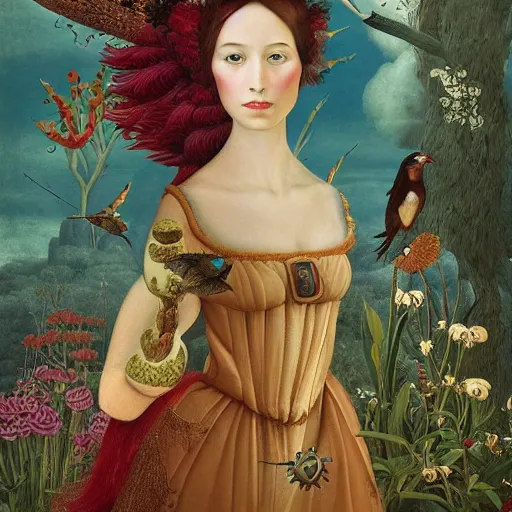 Prompt: a detailed portrait of young woman in renaissance dress and a surreal renaissance headdress, very surreal garden, cyberpunk, surreal tea party, birds, nature, strange creatures, by christian schloe and botticelli, naotto hattori, amy sol, roger dean, moody colors