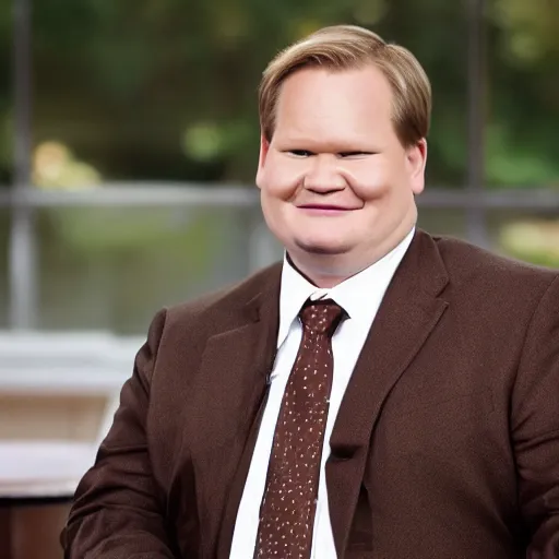 Prompt: Andy Richter is wearing a chocolate brown suit and necktie and is in a bedroom with a window letting in bright morning sunlight. Andy is sitting upright in a bed and is stretching his arm. His mouth his wide open as he yawns.