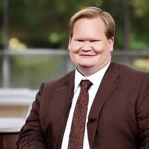 Image similar to Andy Richter is wearing a chocolate brown suit and necktie and is in a bedroom with a window letting in bright morning sunlight. Andy is sitting upright in a bed and is stretching his arm. His mouth his wide open as he yawns.