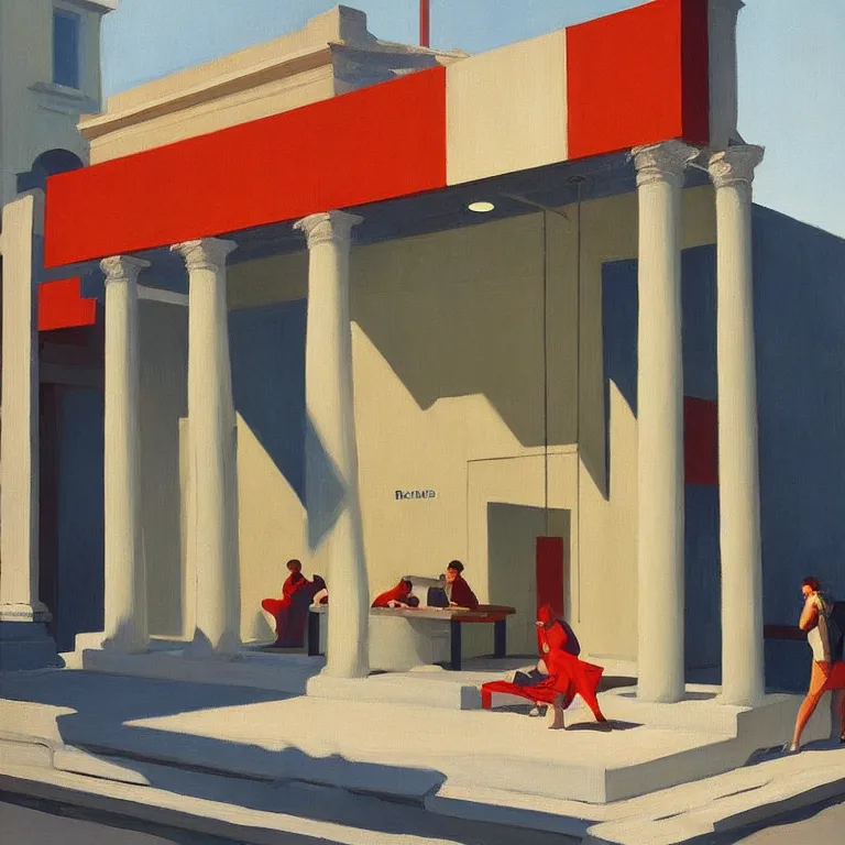 Image similar to apple store opening in ancient Greece, painted by Edward Hopper, painted by James Gilleard, airbrush