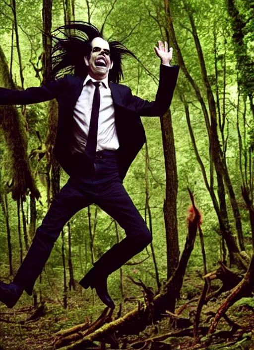 Prompt: a photo of an exuberant nick cave finding a giant devil in the deep forest