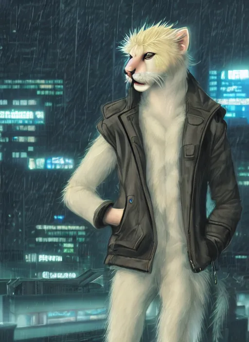 Image similar to character portrait of a male anthro albino mountain lion fursona with a tail and a cute beautiful attractive furry face wearing stylish cyberpunk clothes in a cyberpunk city at night while it rains. hidari, color page, tankoban, 4K, tone mapping, Akihiko Yoshida.