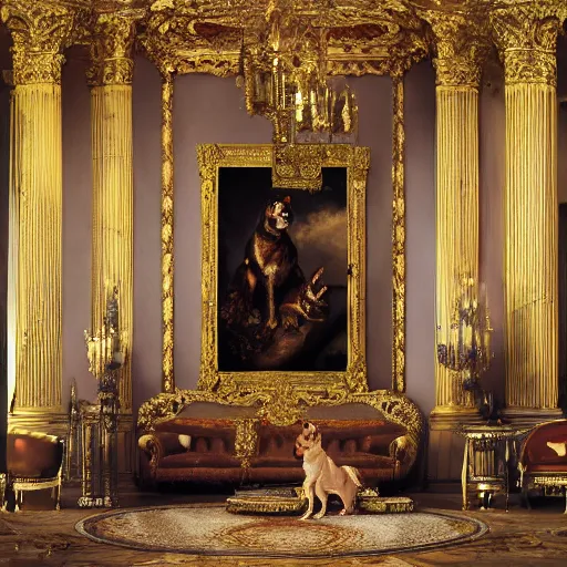 Image similar to 8k highly detailed oil matte painting by Charles Landelle of A French Bulldog King, decadent throne room, ornate furniture, ornate French architecture