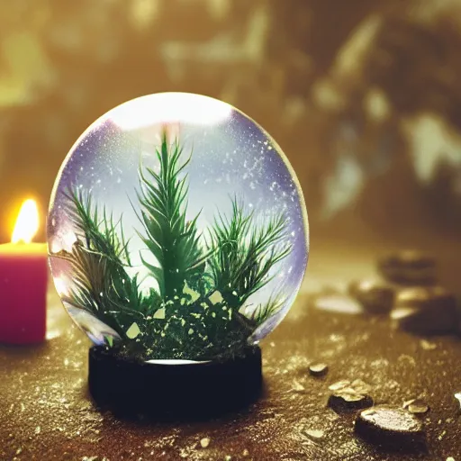 Prompt: Snow globe, candles, Gustav Klutsis, octane render, Fallout, Pietro Fragiacomo, Legend of Zelda, mist, snow, pine tree, Aloe vera, swamp, dollar bill, shed