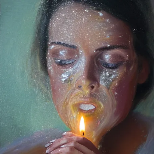 Image similar to woman crying with water on her face, personal painting, light coming from a candle