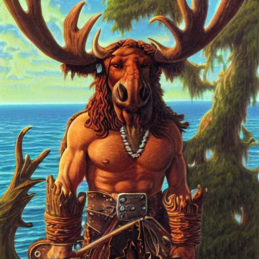 Prompt: anthropomorphic moose barbarian humanoid by tim hildebrandt, pirate ship, sea, fantasy