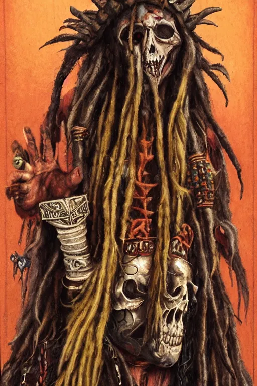 Image similar to a photorealistic of horror shaman with dreadlocks in sacrament of death and destruction