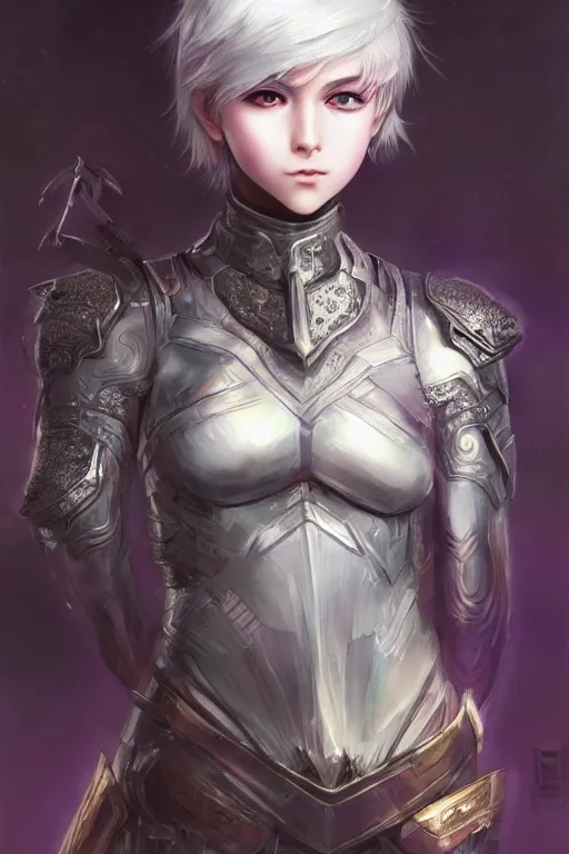 Image similar to A realistic anime portrait of a short white haired female rogue wearing an intricate medium armor, middle eastern, purple eyes, digital painting, by Stanley Artgerm Lau, Sakimichan, WLOP and Rossdraws, digtial painting, trending on ArtStation, SFW version