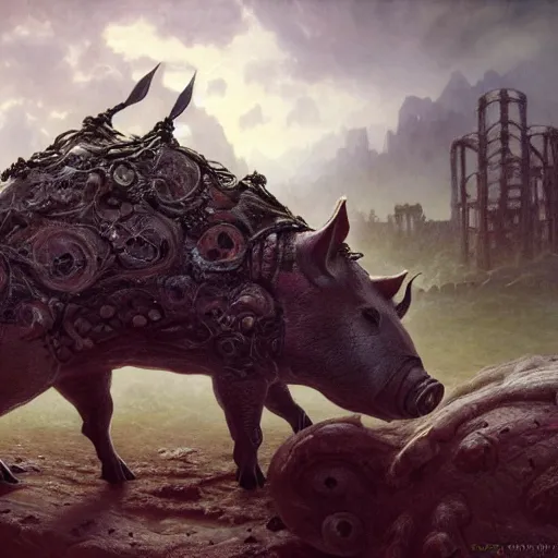 Prompt: A giant sensual pig-monster made of grotesque things in Elden Ring, fullbody, intricate, demonic, video game art, highly detailed, artstation, green field with village ruins, concept art, smooth, sharp focus, illustration, art by greg rutkowski and orientalism and bouguereau and Zdzislaw Beksinski, good clear quality, lighting, biology, symmetrical artwork, perfect face, 135 mm, cinematic, hyper realism, high detail, octane render, 8k, chrome accents