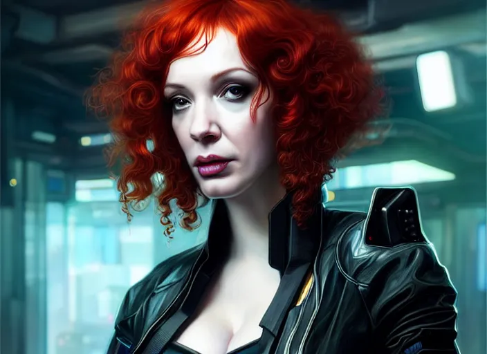 Image similar to portrait shot of a christina hendricks wearing cyberpunk clothing in cyberpunk 2 0 7 7, intricate, elegant, highly detailed, centered, digital painting, artstation, concept art, smooth, sharp focus, illustration, artgerm, tomasz alen kopera, peter mohrbacher, donato giancola, joseph christian leyendecker, wlop, boris vallejo