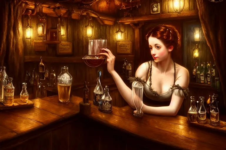 Image similar to a beautiful barmaid, dimly lit cozy tavern, relaxed pose, fantasy, intricate, elegant, dramatic lighting, emotionally evoking symbolic metaphor, highly detailed, lifelike, photorealistic, digital painting, artstation, concept art, smooth, sharp focus, illustration, art by John Collier and Albert Aublet and Krenz Cushart and Artem Demura and Alphonse Mucha