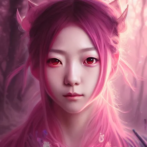 Image similar to Portrait of japanese anime wizard girl, D&D, pink eyes, face, fantasy, intricate, elegant, in pink forest, highly detailed, digital painting, artstation, concept art, smooth, sharp focus, illustration, art by artgerm and greg rutkowski and alphonse mucha